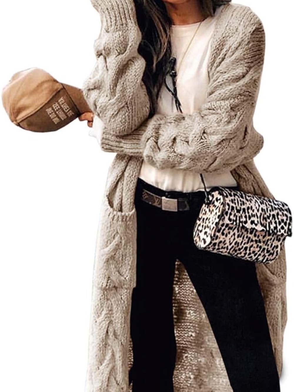 XL Beige Longline Cardigan | Chunky Knit Open Front Cozy Duster Sweater